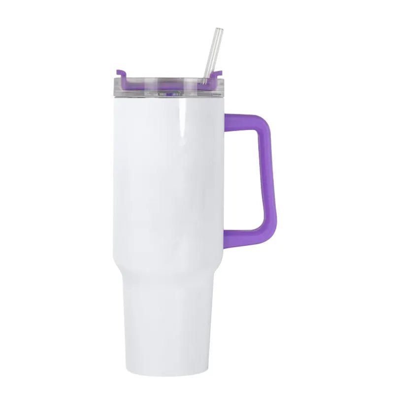 White sublimation 40 oz tumbler with purple handle and clear lid