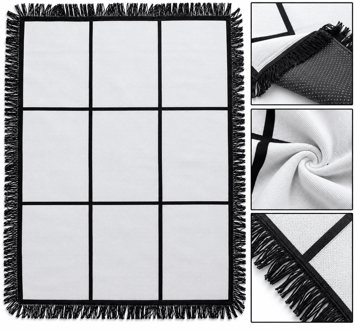 Illustrative studio mockup of blank nine-panel sublimation rug with black fringe and close-up details