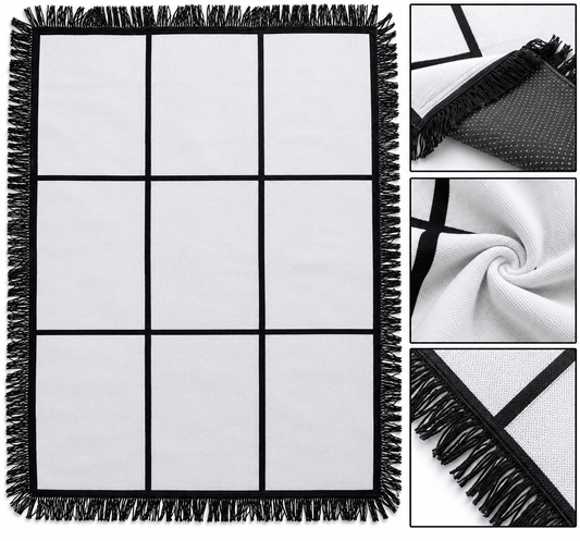 Illustrative studio mockup of blank nine-panel sublimation rug with black fringe and close-up details