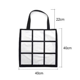 Black sublimation tote bag with 9 blank white square panels in a 3x3 grid, 40cm x 40cm