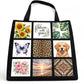 Mockup: black 9-panel sublimation tote bag with example colorful designs on each panel