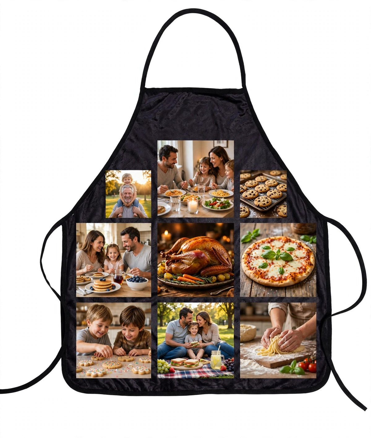 Mockup: black 9-panel apron with family photo examples - design idea for inspiration