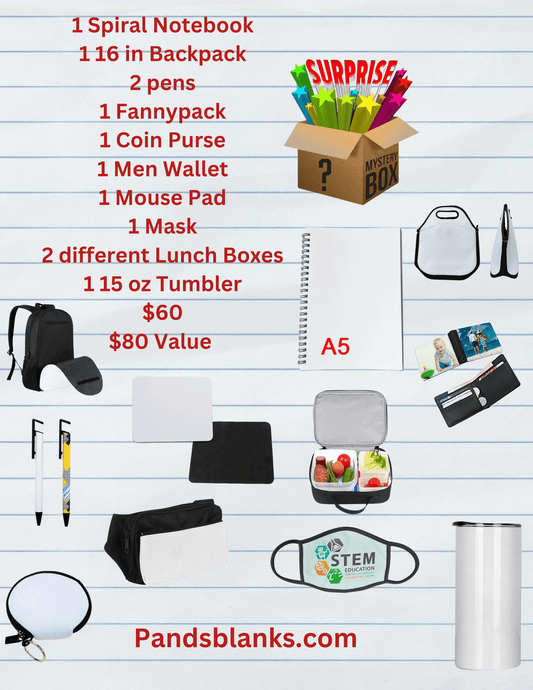 An array of school supplies including a spiral notebook, a 16 inch backpack, two pens, a fannypack, a coin purse, a men wallet, a mouse pad, a mask, two different lunch boxes, a 15 oz tumbler, and a surprise item, all branded with the letter 'A'.