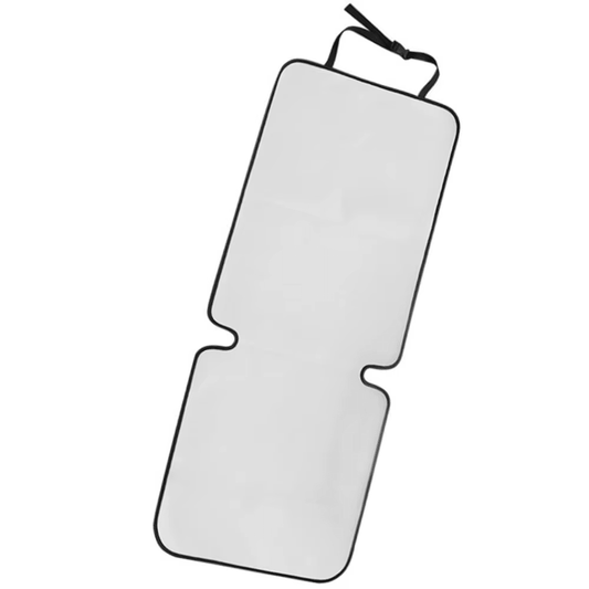Blank white sublimation car seat cover with black piping and adjustable straps
