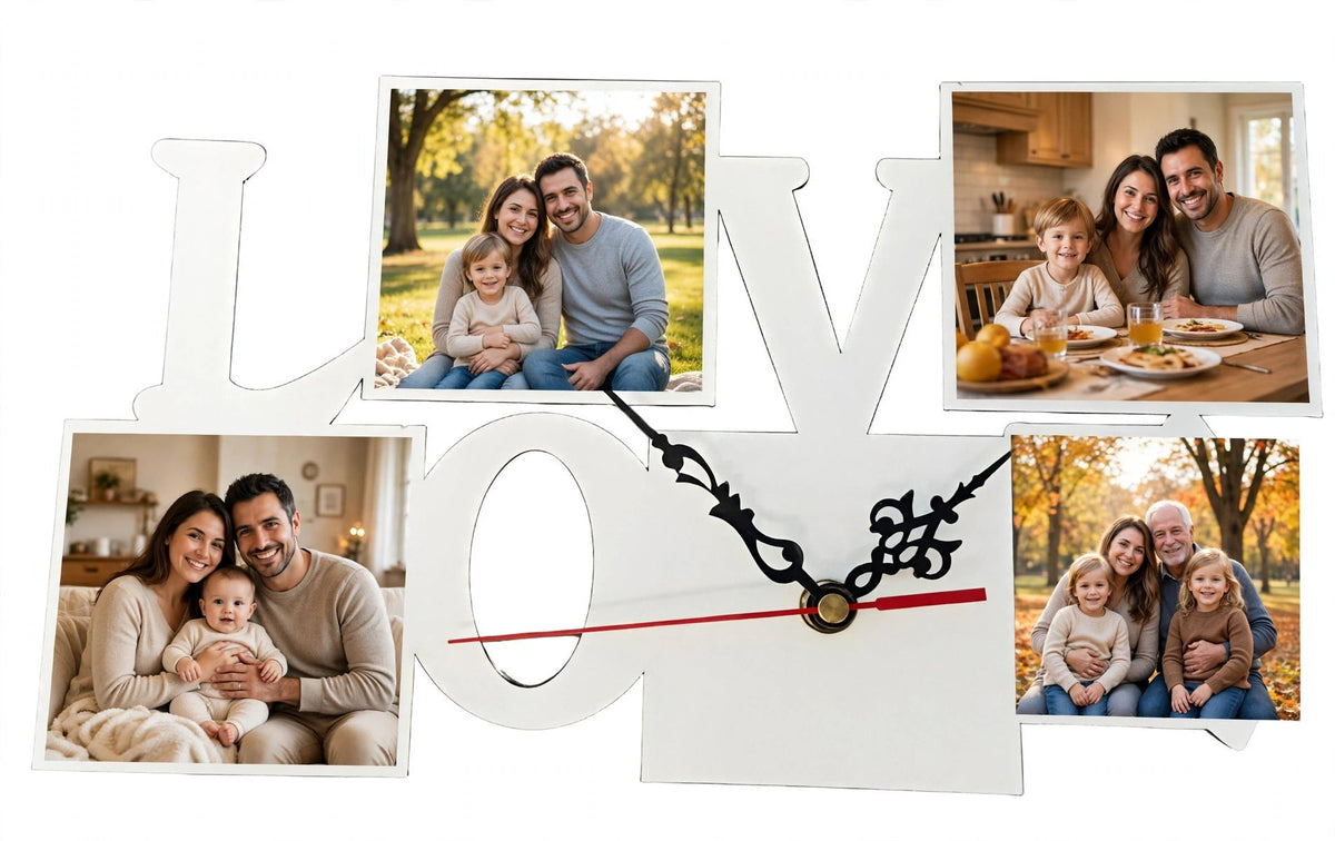 Mockup: LOVE-shaped clock with family photos in the panels - example design for inspiration
