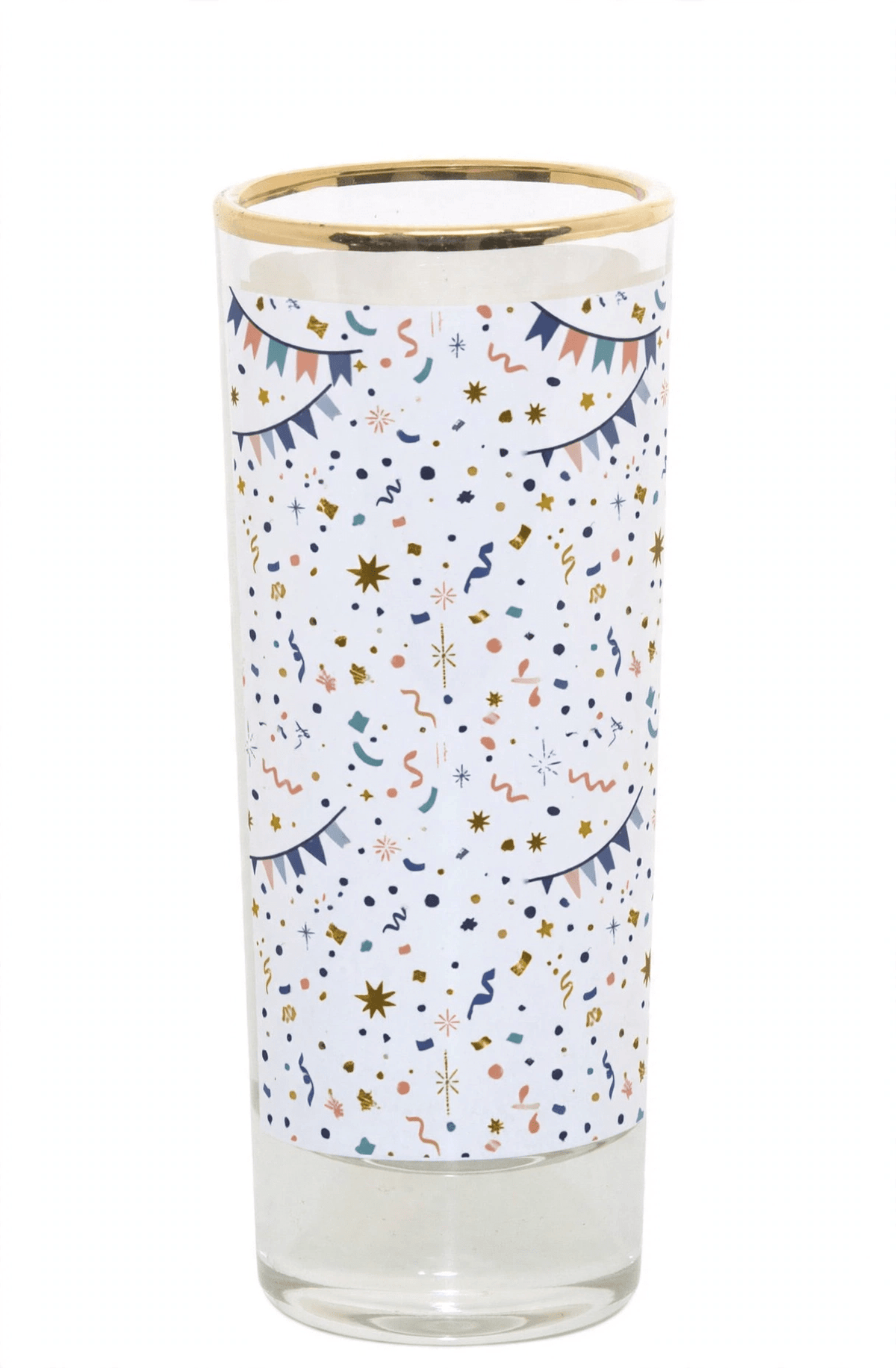 Mockup: Sublimation glass shooter with gold rim and celebration design — example design for inspiration