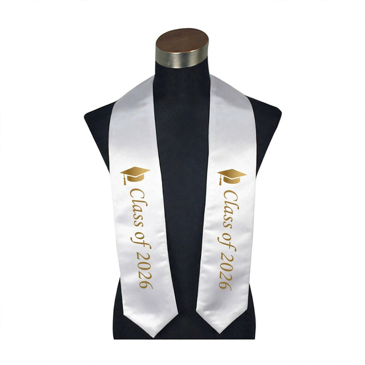Mockup: white satin graduation stole with Class of 2026 example design - design idea for inspiration