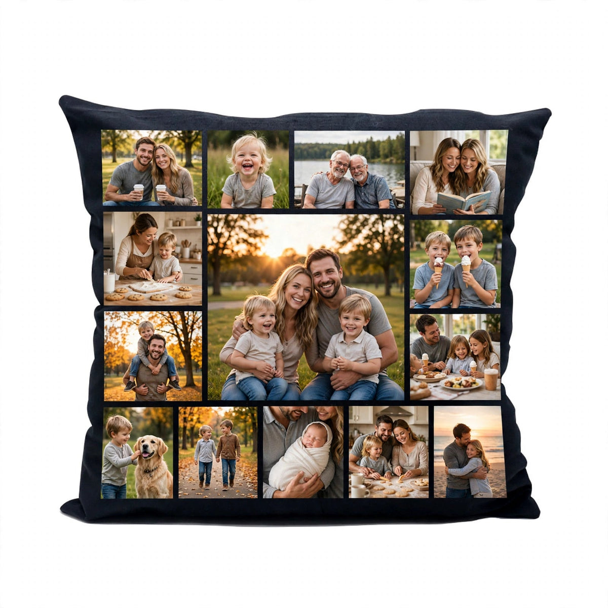 Mockup: black heart photo-panel pillowcase with family photo example - design idea for inspiration