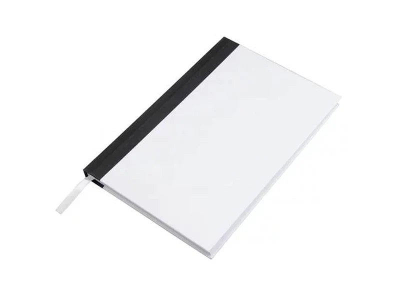 White sublimation journal notebook with black spine and ribbon bookmark