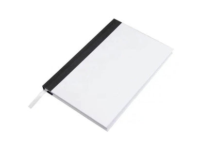 White sublimation journal notebook with black spine and ribbon bookmark