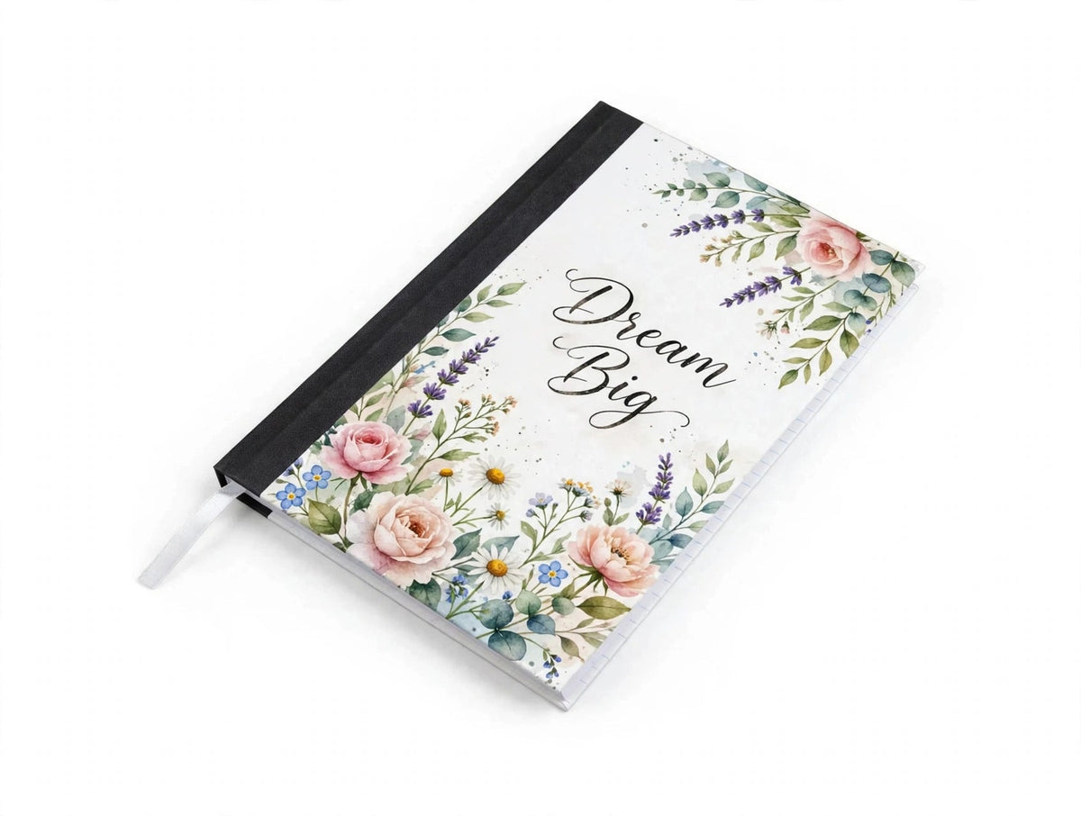 Mockup: journal notebook with Dream Big floral design - example design for inspiration