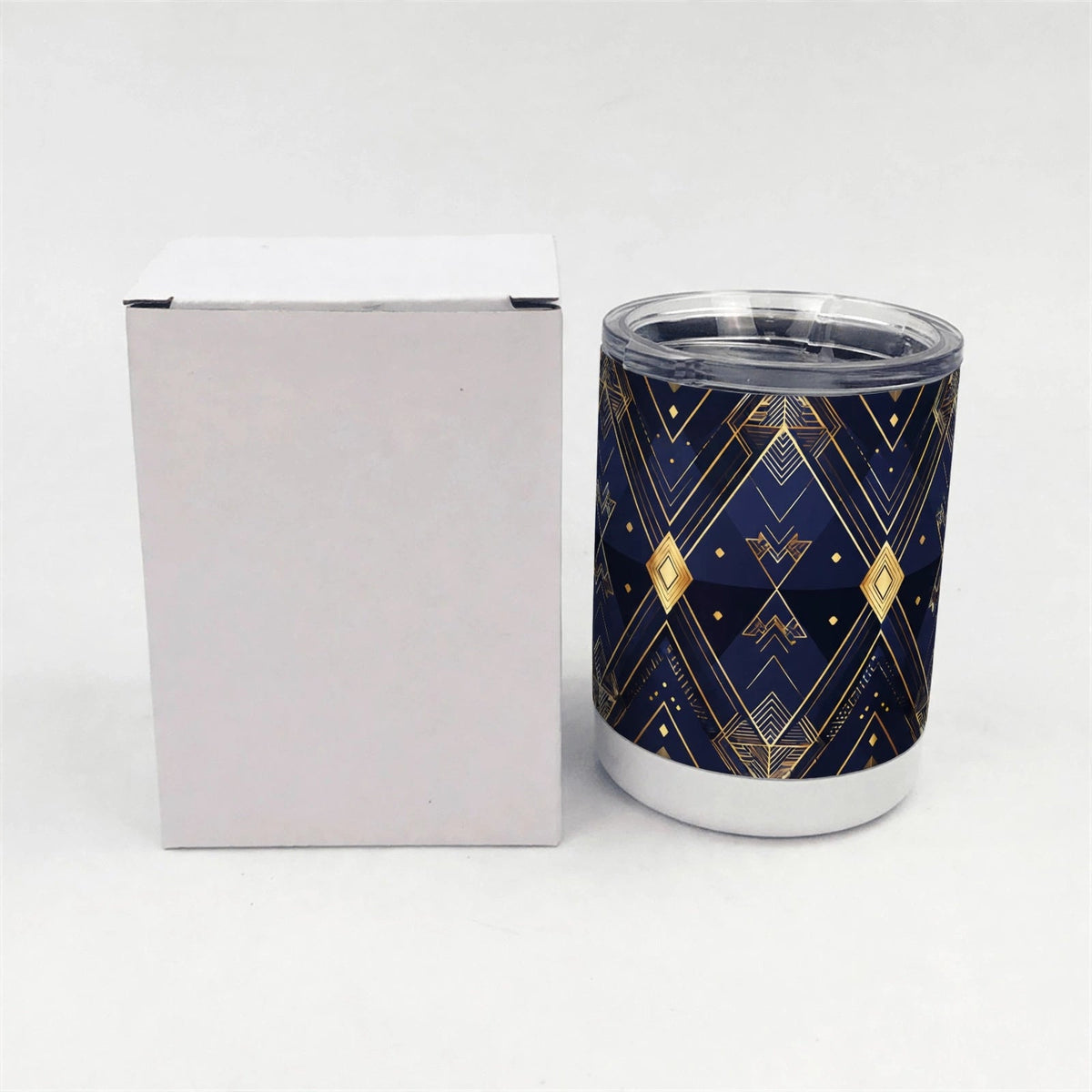Mockup: 10 oz low ball tumbler with navy and gold geometric design - example design for inspiration