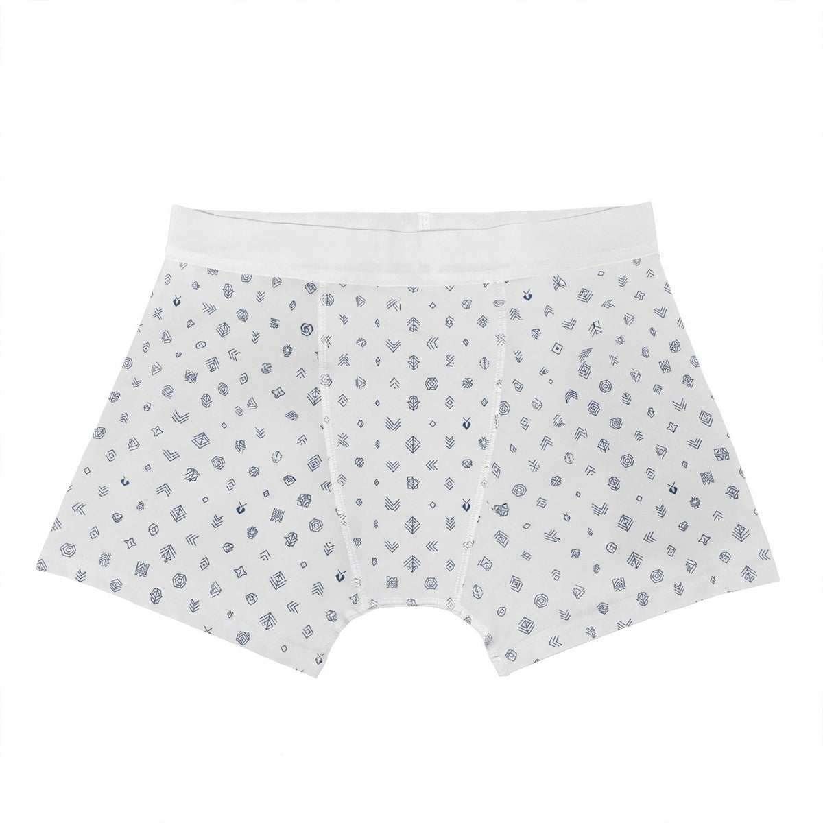 Mockup: men's boxer briefs with navy geometric example design - design idea for inspiration