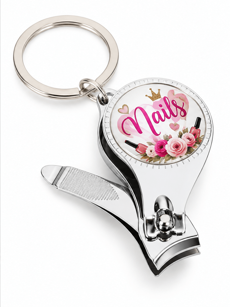 Mockup: Sample floral Nails design on nail clipper keychain, sold blank