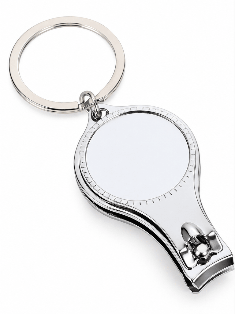 Illustrative image of silver nail clipper keychain with blank white circular insert