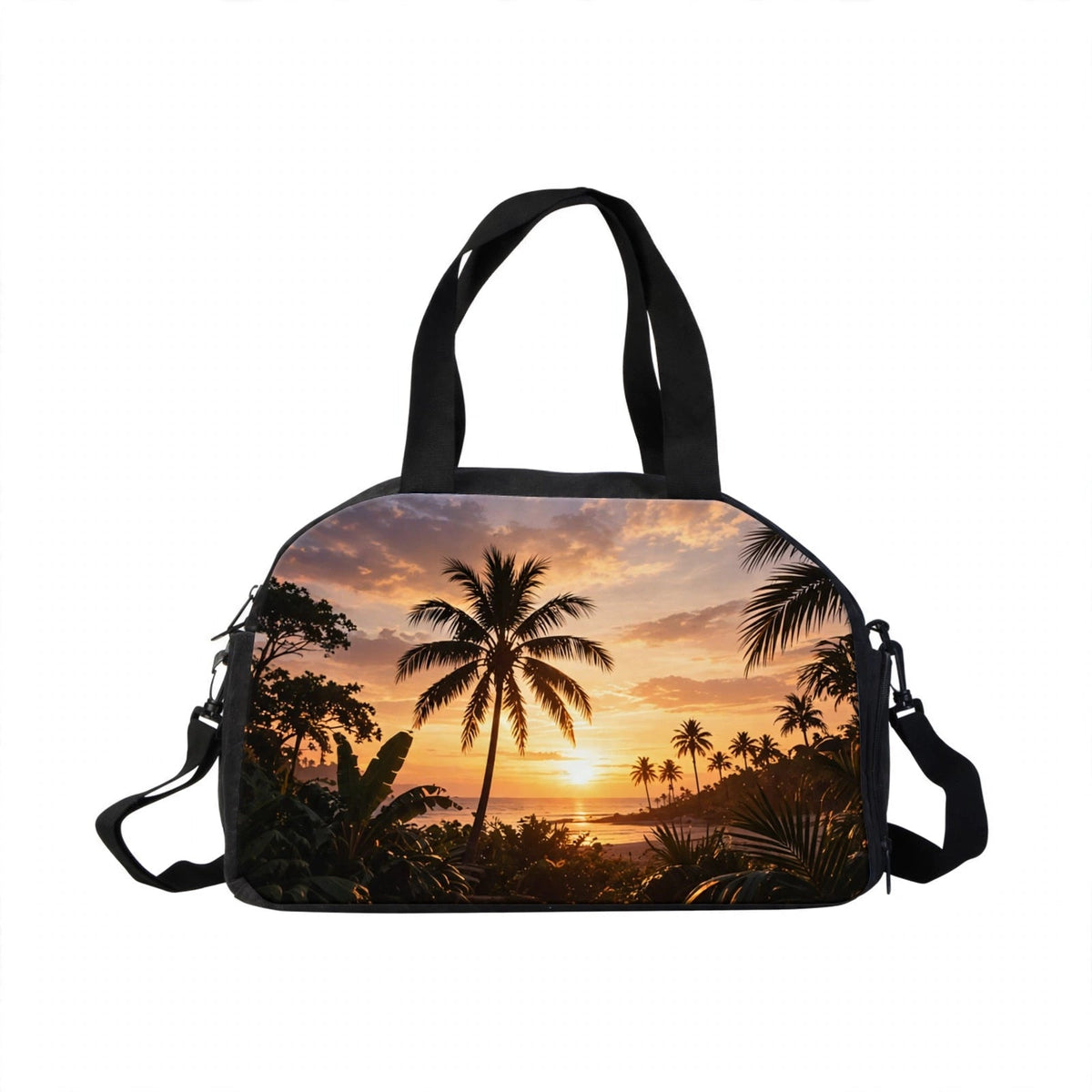 Mockup: Sublimation Overnight Tote Bags with palm trees and sunset - example design for inspiration