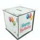 Example personalized birthday design on MDF cube piggy bank; blank product sold separately