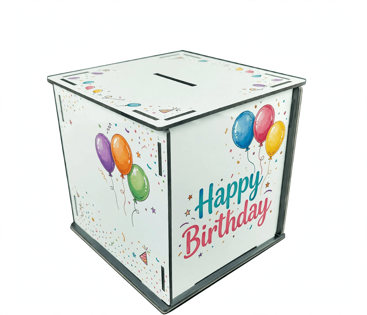 Example personalized birthday design on MDF cube piggy bank; blank product sold separately