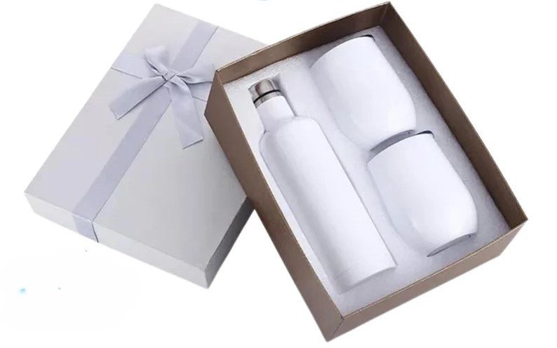 White sublimation wine gift set with bottle and two stemless glasses in a ribbon-tied box