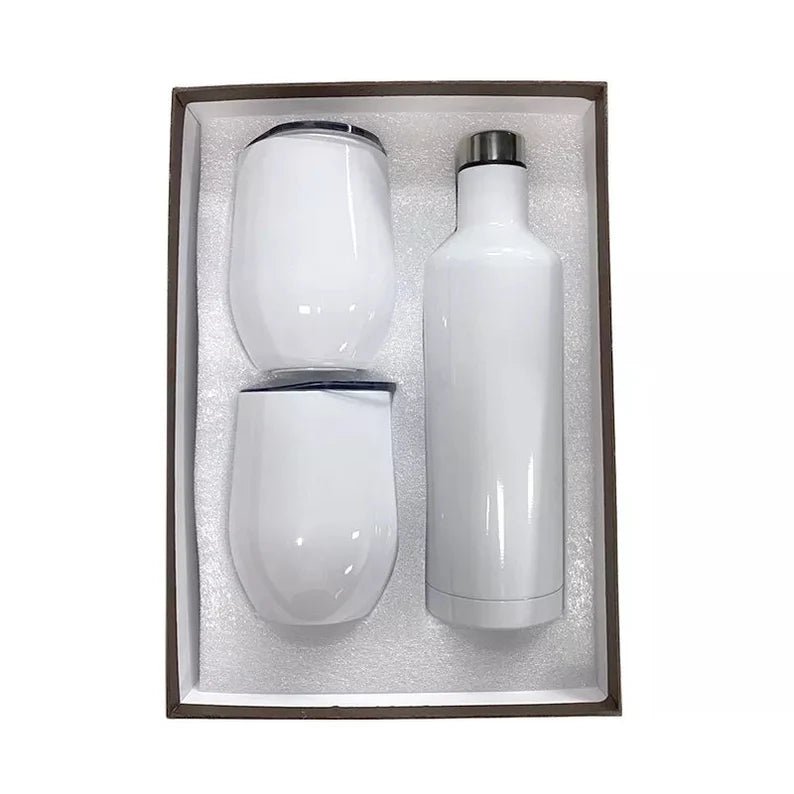 White sublimation wine set with a wine bottle and two stemless wine tumblers in a gift box