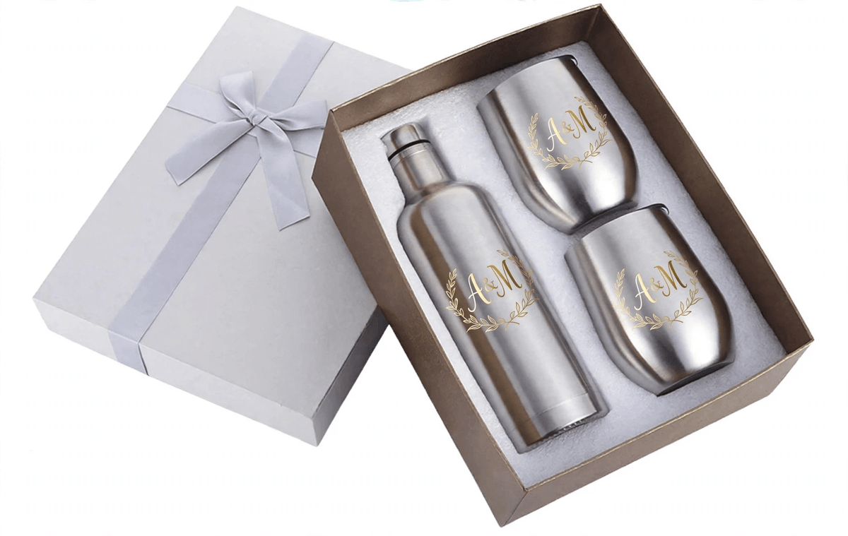 Mockup: Stainless steel sublimation wine set with monogram design — example design for inspiration
