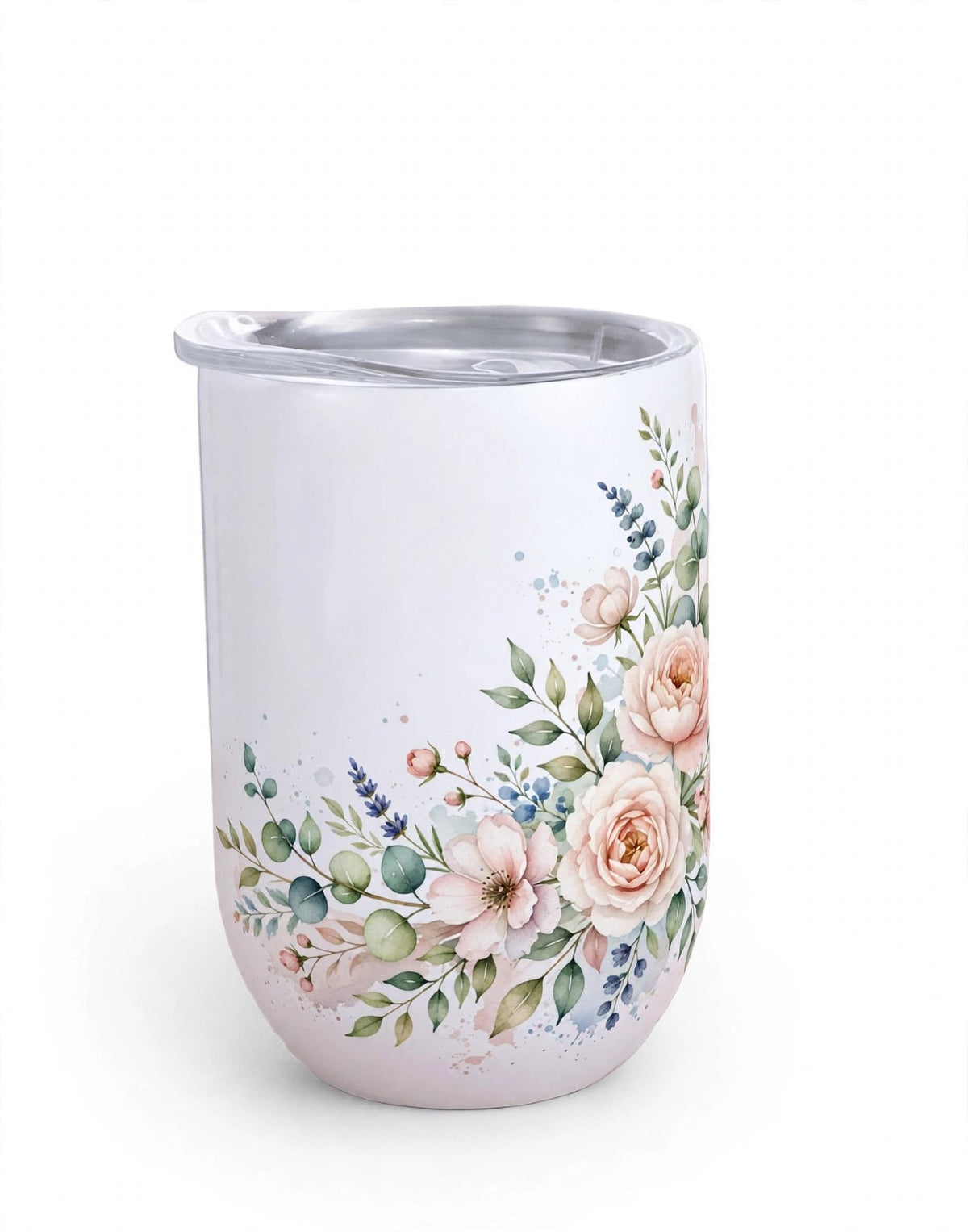 Mockup: 12 oz stemless wine tumbler with floral sublimation design - example design for inspiration