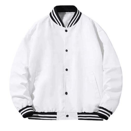 White and black varsity jacket polyester cotton blend front view