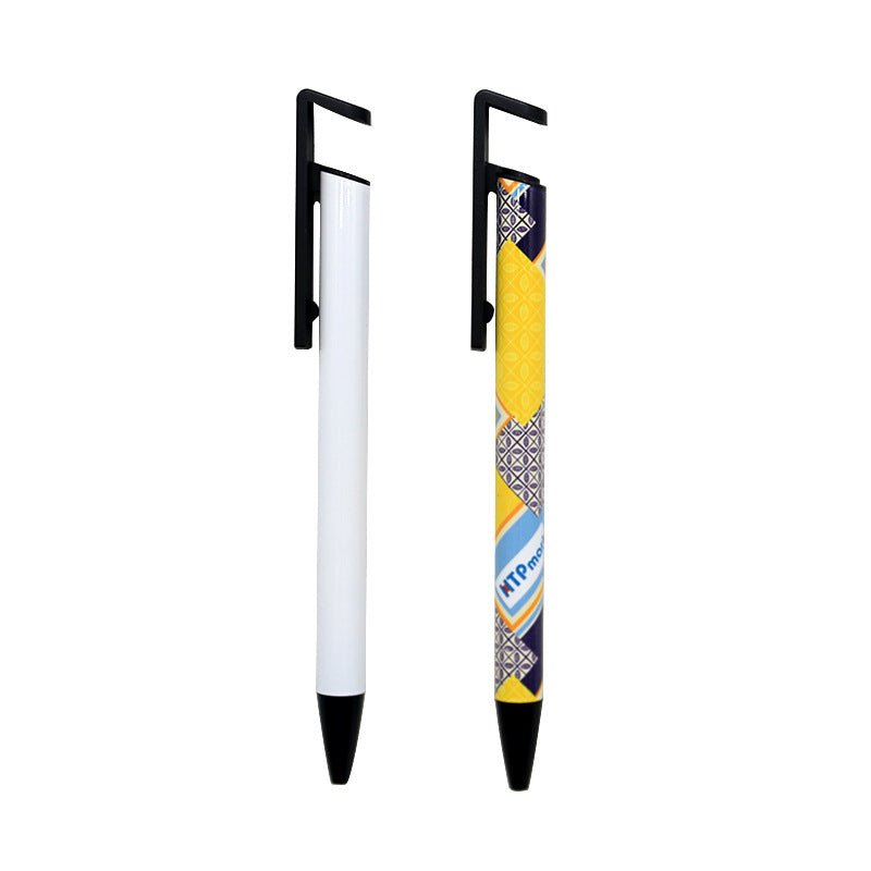 Two sublimation ballpoint pens, one blank white and one with a yellow and blue patterned shrink wrap design