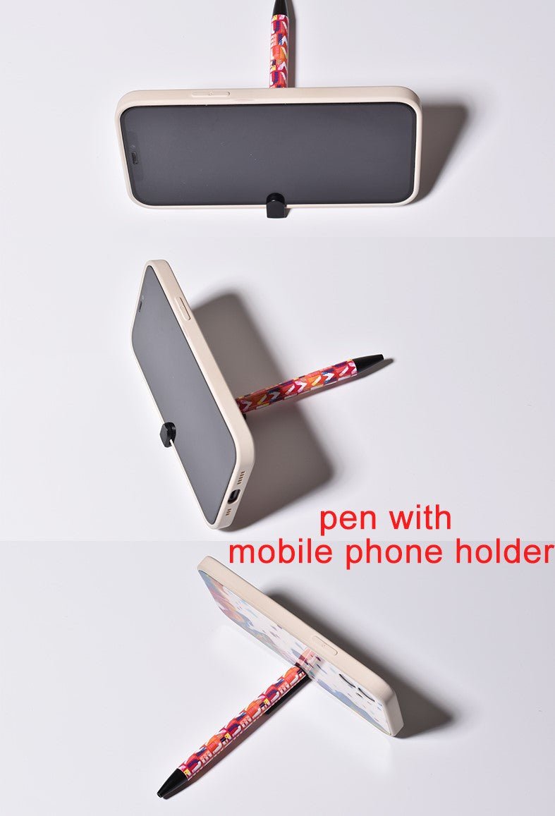 Sublimation ballpoint pen doubling as a mobile phone holder, shown holding a phone