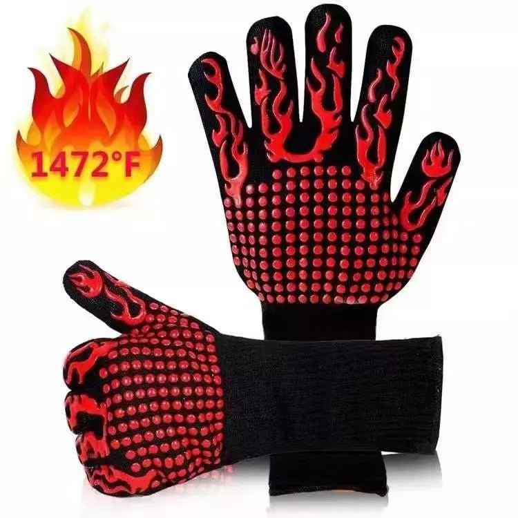 Black heat-resistant gloves with red flame pattern and silicone grip dots