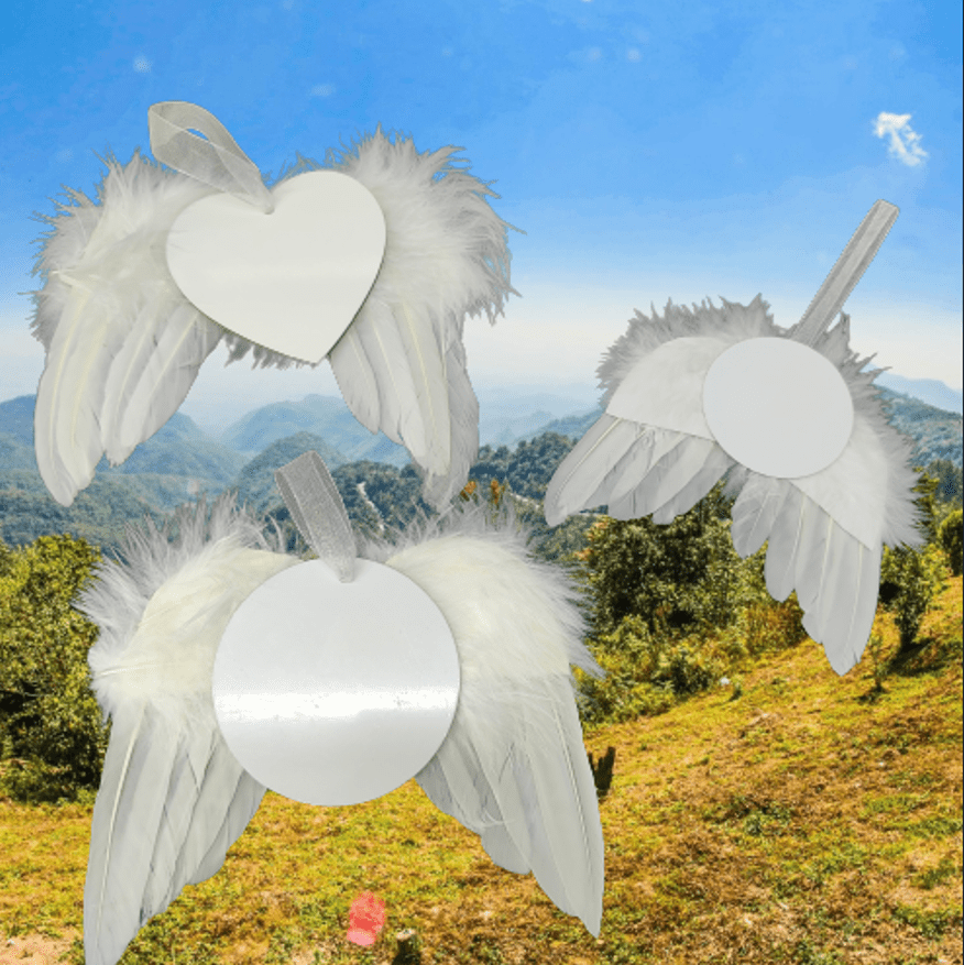 White angel wing Christmas ornaments with blank heart and round photo centers