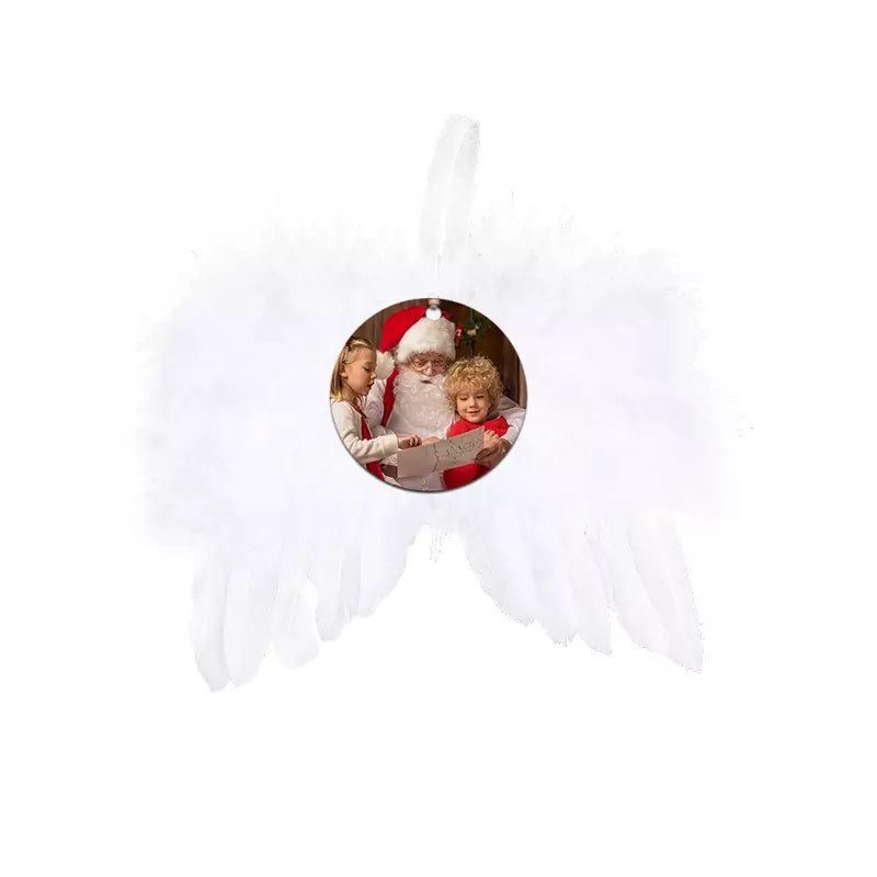 White angel wing Christmas ornament printed with a Santa and children photo