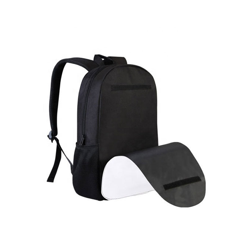Black 16 inch sublimation backpack with white print panel half attached