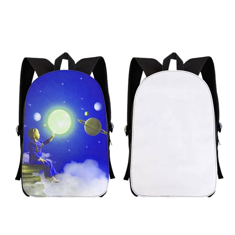Two 16 inch sublimation backpacks, one printed with a space scene and one blank white, with black straps