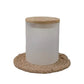 Frosted white sublimation candle jar with bamboo lid on a woven jute coaster