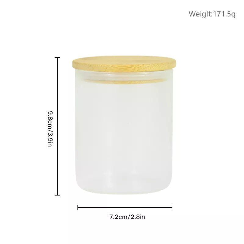 Frosted sublimation candle jar with bamboo lid, 9.8 centimeters tall