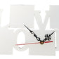 White LOVE-shaped sublimation wall clock with photo panels and ornate clock hands
