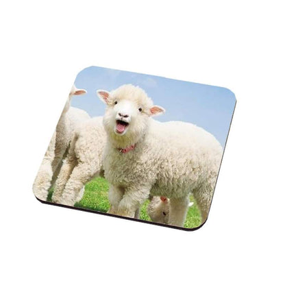 Mockup: sublimation coaster with a printed lamb photo — example design for inspiration.