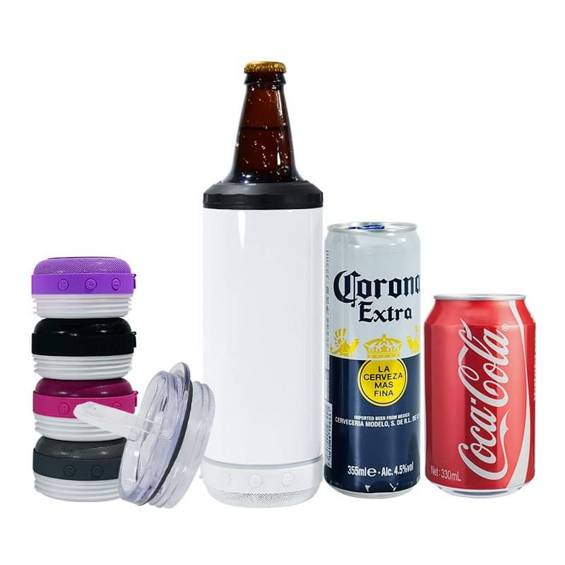 White sublimation cooler speaker tumbler shown with beer bottle and soda cans