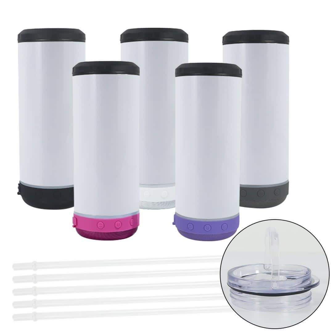 Five white sublimation cooler speaker tumblers with speaker bases in black, pink, purple, gray, and white, with straws and lid detail