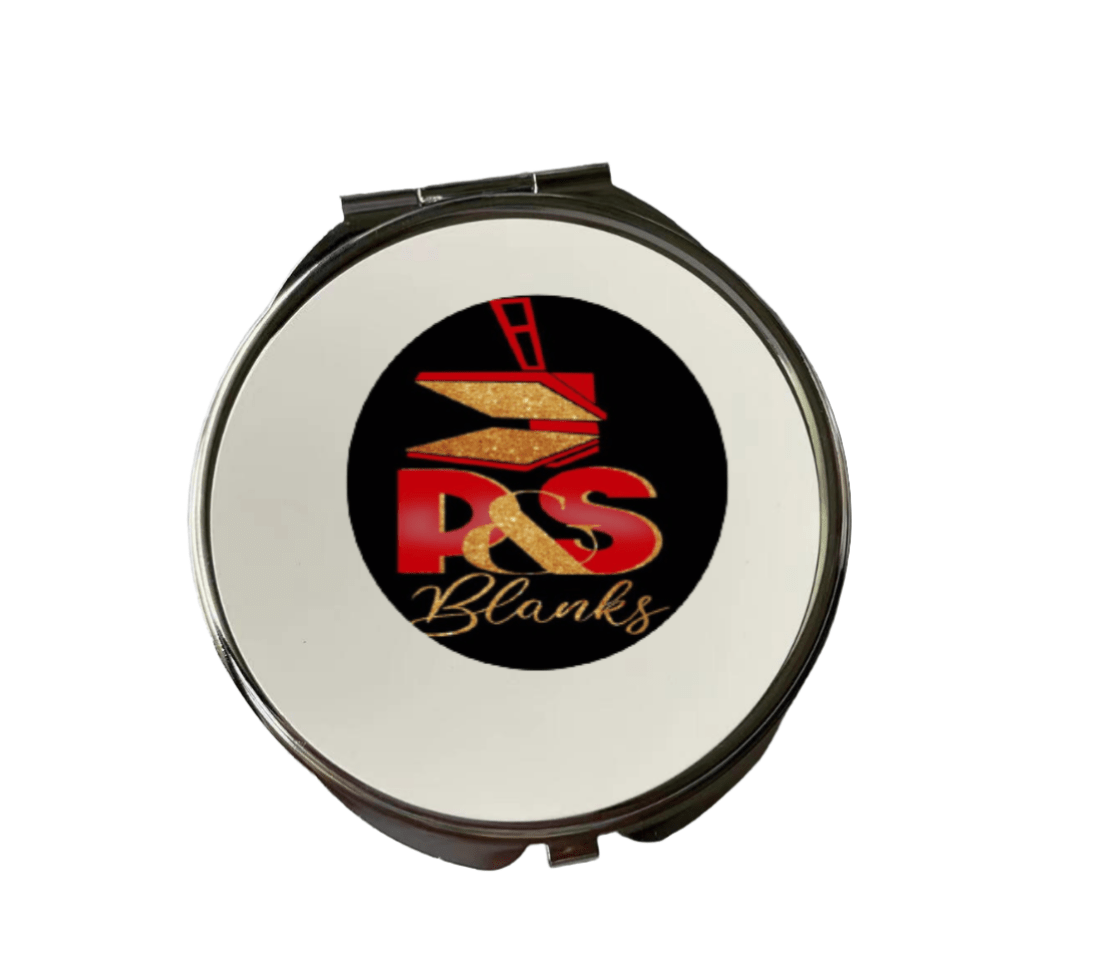 Round sublimation cosmetic mirror compact with P&S Blanks logo
