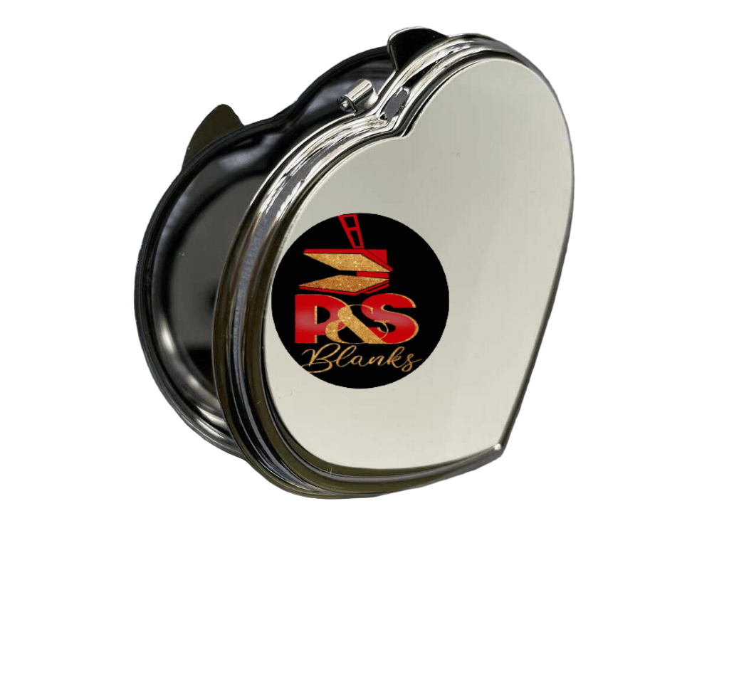 Heart-shaped sublimation compact mirror with chrome trim, printed with the P&S Blanks logo