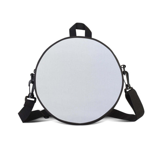 Black round sublimation crossbody bag with blank white front and strap