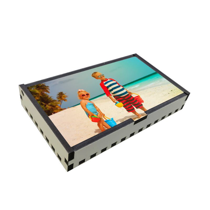 Rectangular sublimation dominoes gift box printed with a beach photo of two children