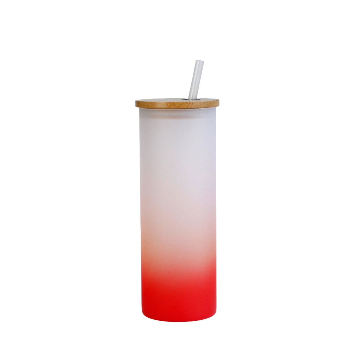 Frosted sublimation glass tumbler with red gradient, bamboo lid, and straw