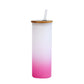 Frosted sublimation glass can tumbler with pink gradient, bamboo lid, and straw