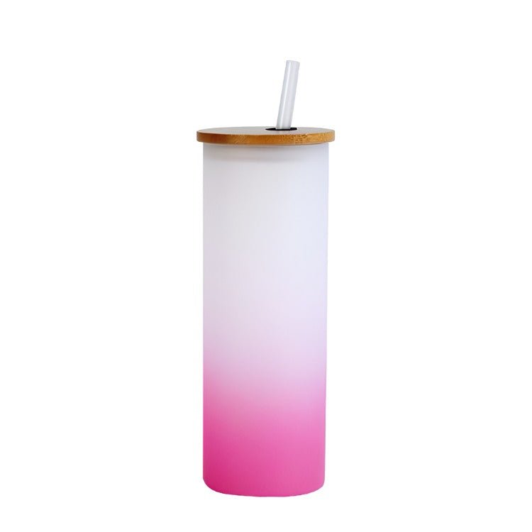 Frosted sublimation glass can tumbler with pink gradient, bamboo lid, and straw