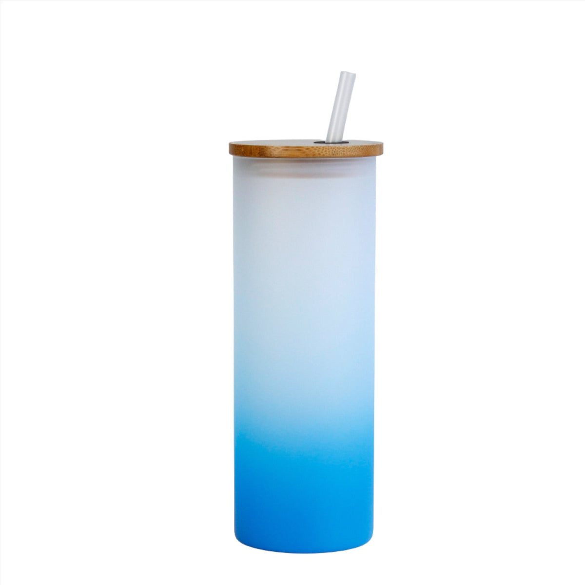 Frosted sublimation glass tumbler with light blue gradient, bamboo lid, and straw