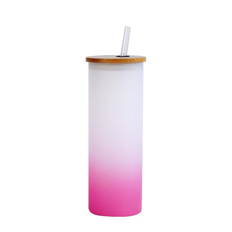 Frosted sublimation glass can tumbler with pink gradient, bamboo lid, and straw