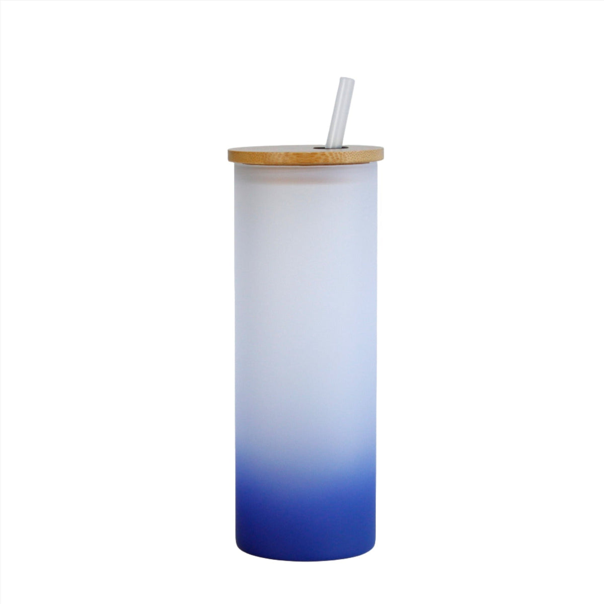 Frosted sublimation glass tumbler with navy blue gradient, bamboo lid, and straw